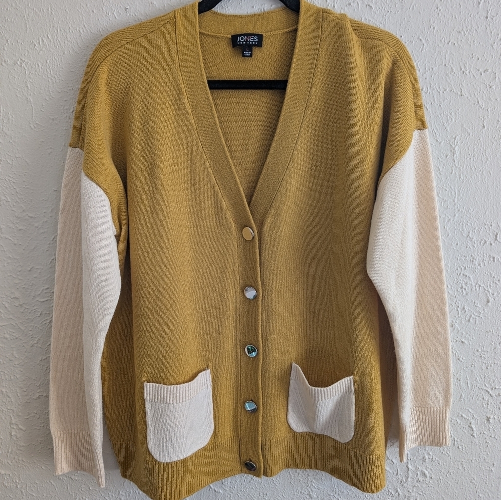 Jones New York Mustard Yellow and Cream Colorblock Cardigan